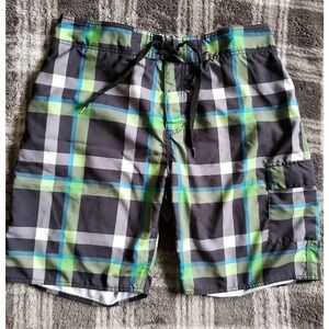 Free World Board Shorts Mens Size 36 Green Blue Plaid Drawstring Pocket Swim‎